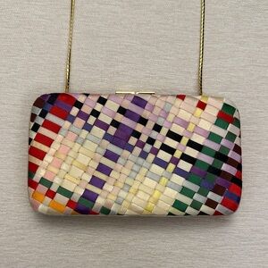 Judith Lieber vintage satin ribbons woven purse clutch long gold shoulder strap